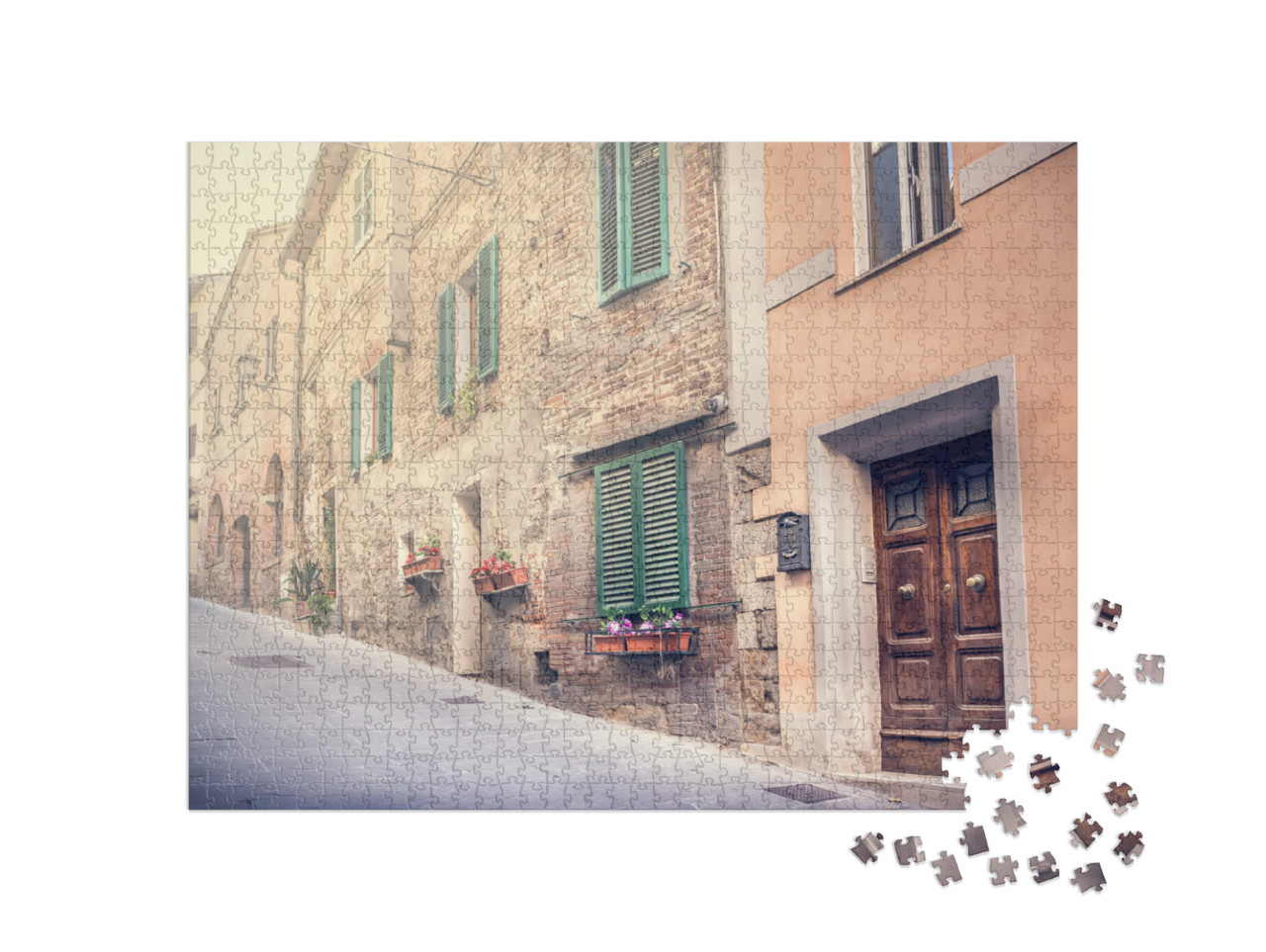 Puzzle 1000 pezzi „Una strada accattivante dell'antico borgo di Montepulciano, in Toscana“
