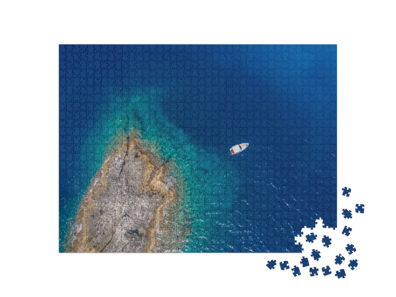 Puzzle 1000 pezzi „Vista aerea di un'isola deserta con una barca bianca costa rocciosa dell'isola di Zannone, vicino a Ponza“