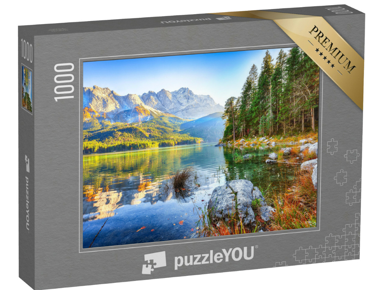 Puzzle 1000 pezzi „Il lago Eibsee di fronte alla vetta della Zugspitze nella lista autunnale, Baviera, Germania“