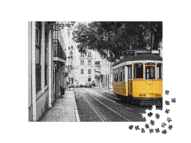 Puzzle 1000 pezzi „Tram giallo nelle antiche strade di Lisbona, Portogallo“