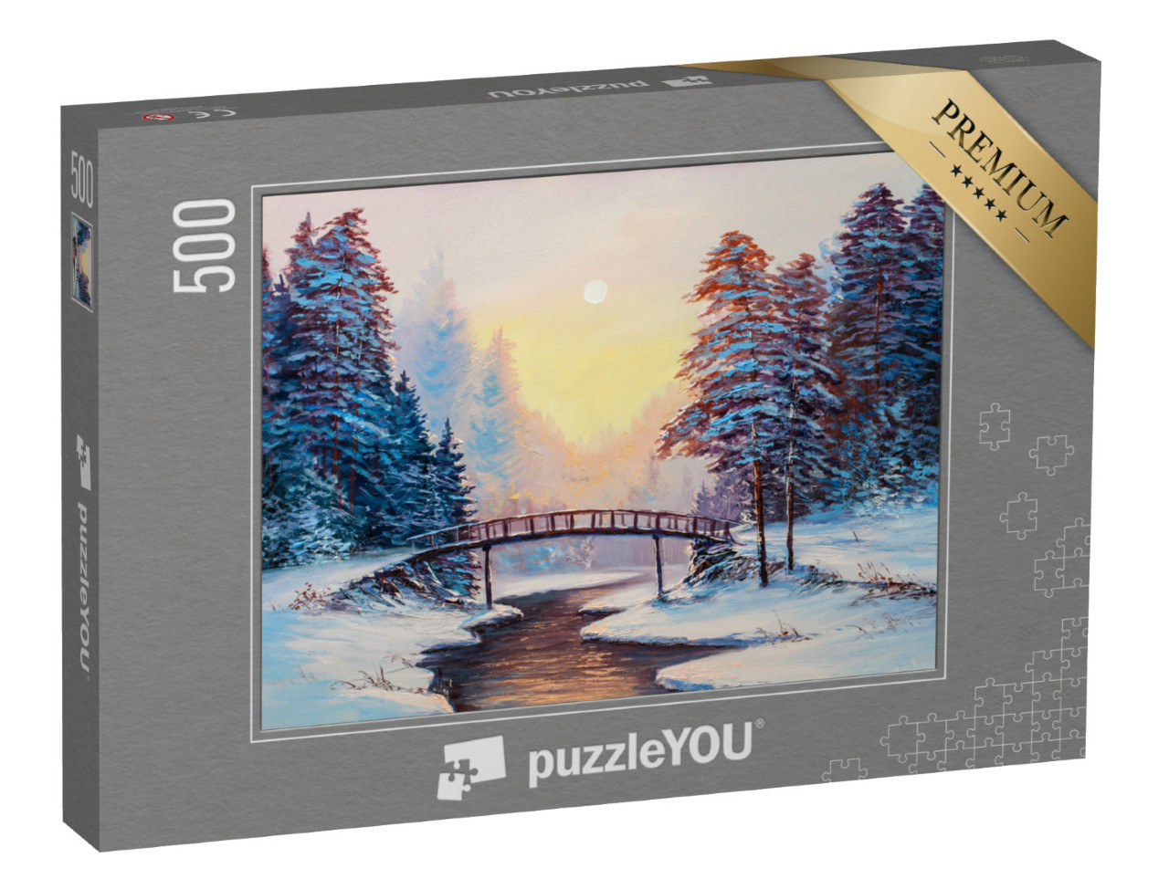 Puzzle 500 pezzi „Paesaggio invernale con fiume, pittura ad olio originale“