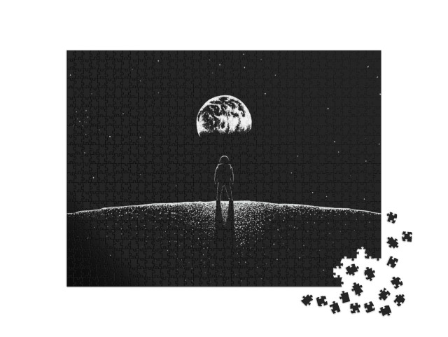 Puzzle 1000 pezzi „Bianco e nero: un astronauta guarda la Terra dalla Luna“