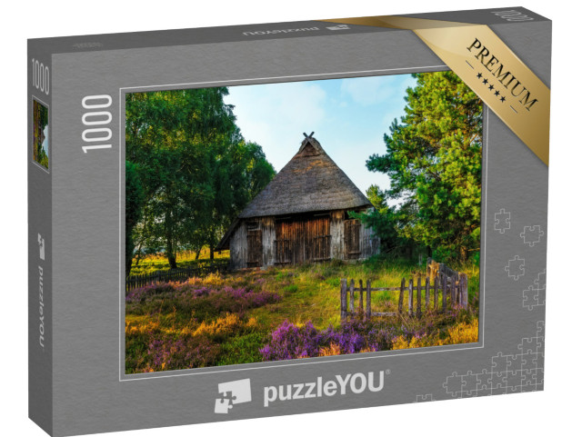 Puzzle 1000 pezzi „Brughiera di Lüneburg: immagine con capanna per le pecore, Germania“