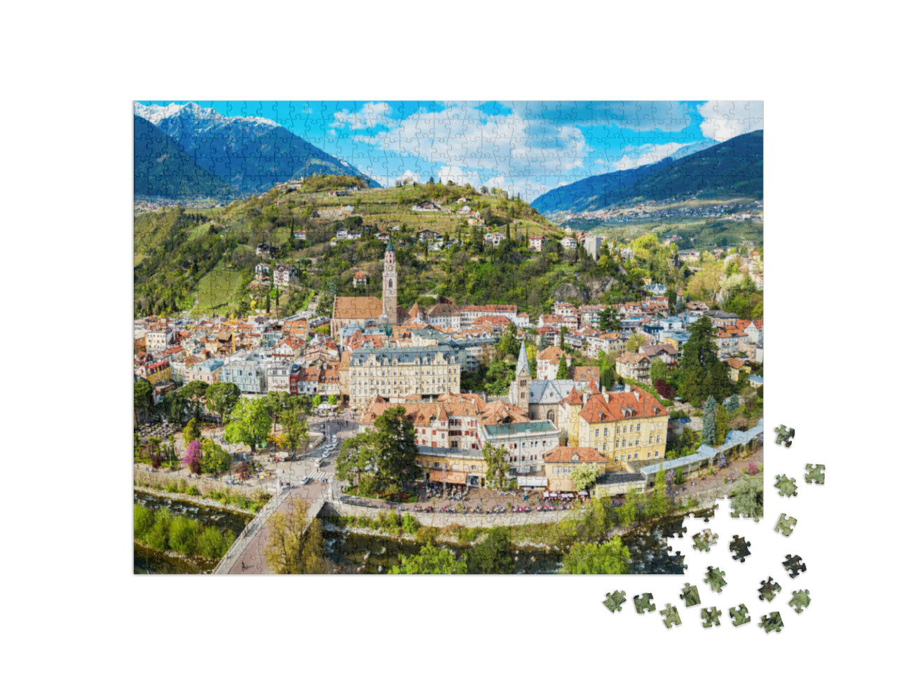 Puzzle 1000 pezzi „Il centro di Merano dall'alto, Alto Adige, Italia“