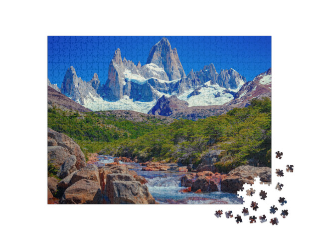 Puzzle 1000 pezzi „Fiume a El Chaltén e Monte Fitz Roy, Ande Patagoniche meridionali“