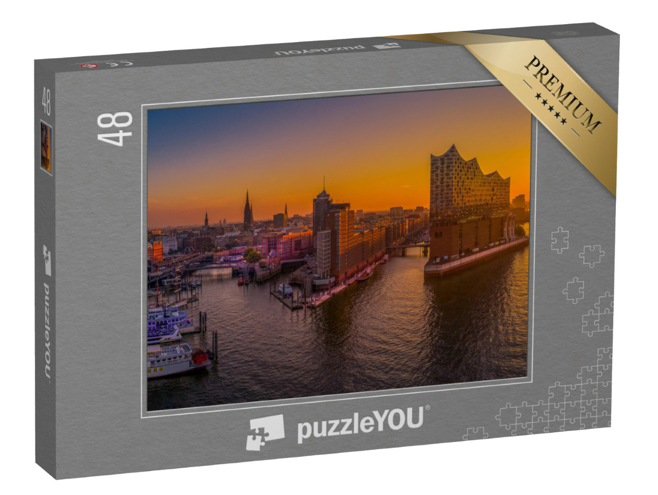 Puzzle 48 pezzi „L'alba su Amburgo con la sala concerti Elbphilharmonie“