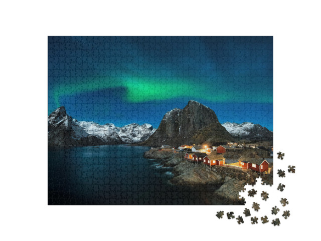 Puzzle 1000 pezzi „Capanne di pescatori norvegesi, isola di Hamnøy, Reine nelle isole Lofoten, Norvegia settentrionale“