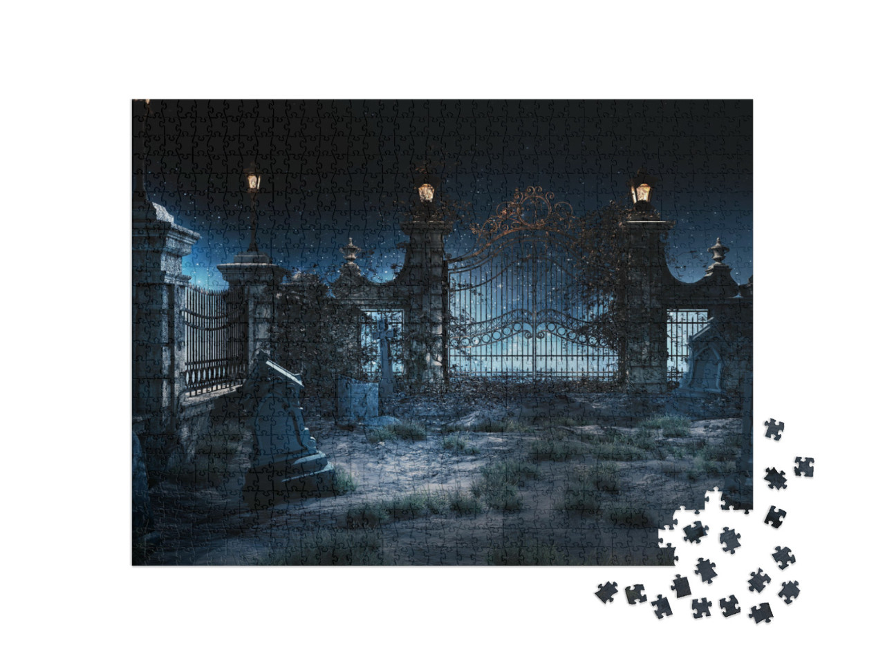 Puzzle 1000 pezzi „Cimitero gotico con cancello in ferro e lanterne“