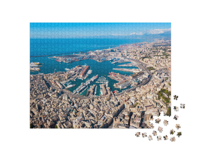 Puzzle 1000 pezzi „Vista panoramica aerea del porto di Genova. Genova o Genova è il capoluogo della regione Liguria, Italia“