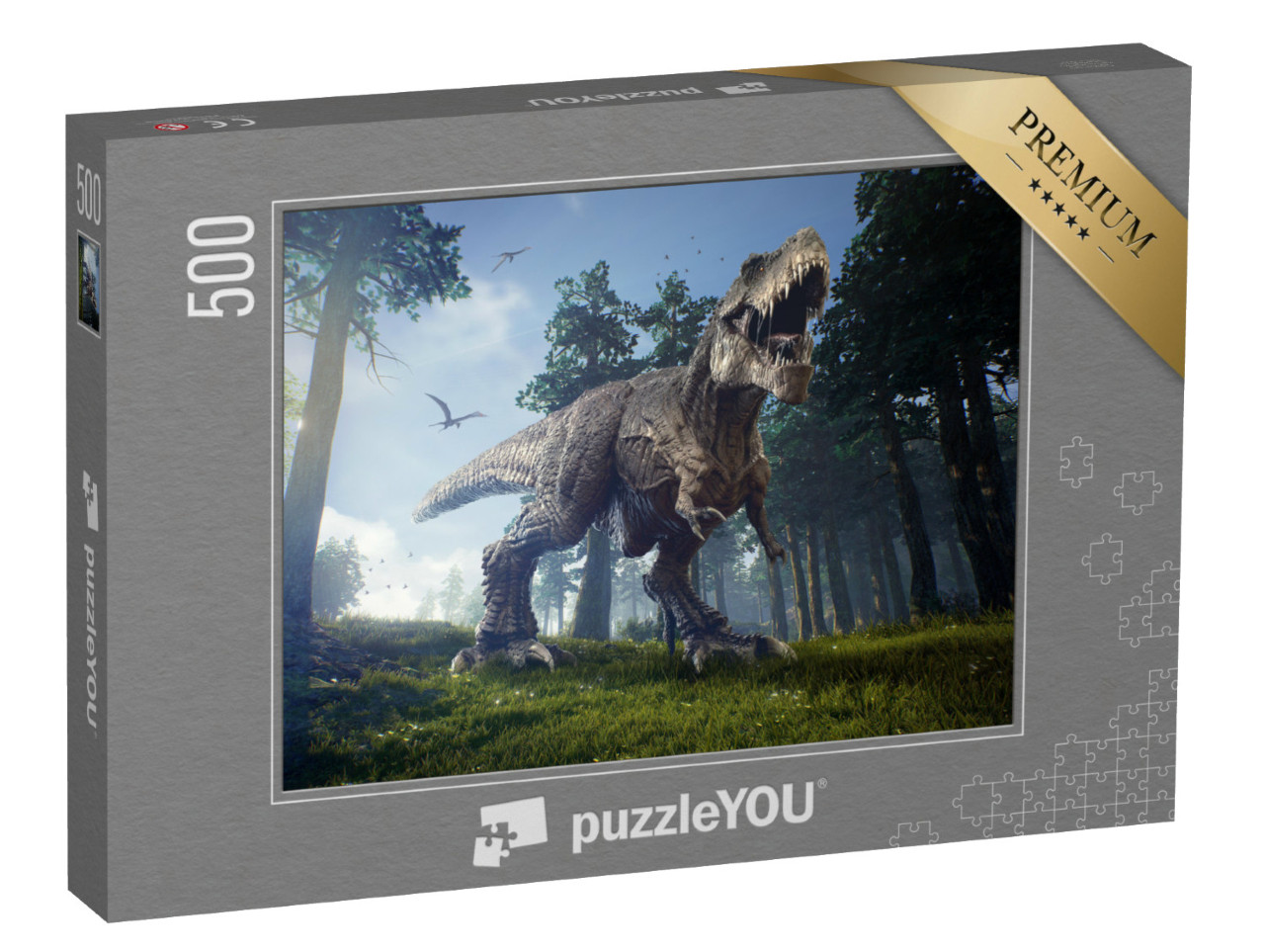 Puzzle 500 pezzi „Terreno di caccia di un Tyrannosaurus Rex con due Quetzalcoatlus“