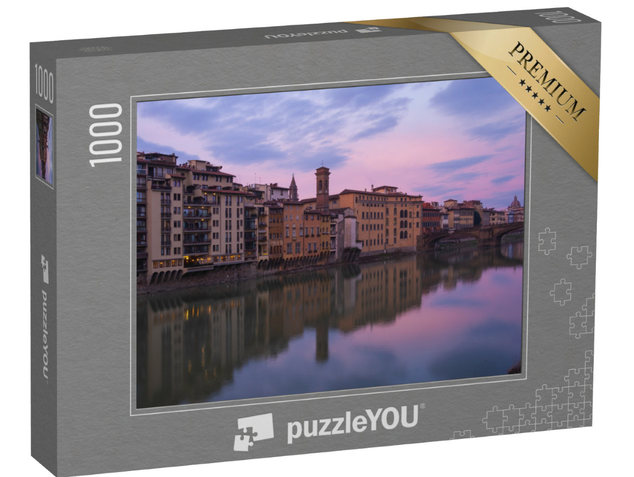 Puzzle 1000 pezzi „Bruciante alba invernale lungo il fiume Arno a Firenze, Toscana, Italia“