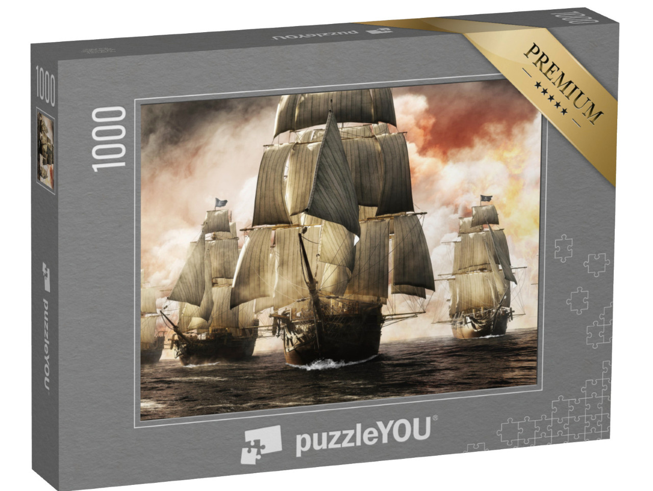 Puzzle 1000 pezzi „Arte digitale: flotta di navi pirata dopo un'incursione di successo“