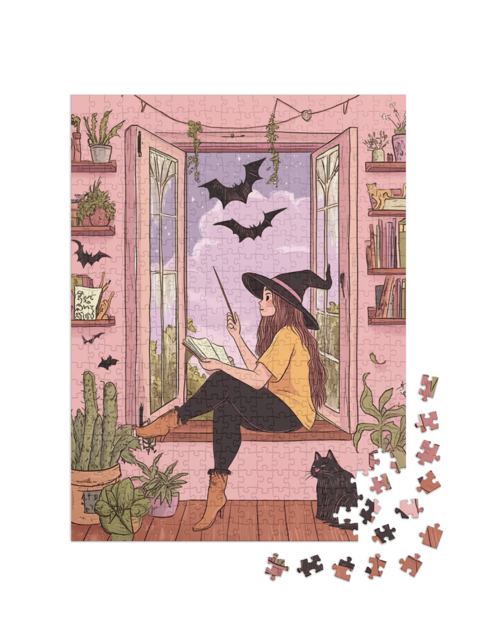 Puzzle 500 pezzi „Strega seduta alla finestra, Halloween“