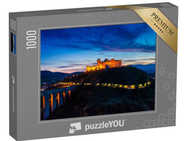 Puzzle 1000 pezzi „Tramonto sul castello evidenziato a Spoleto, Italia“