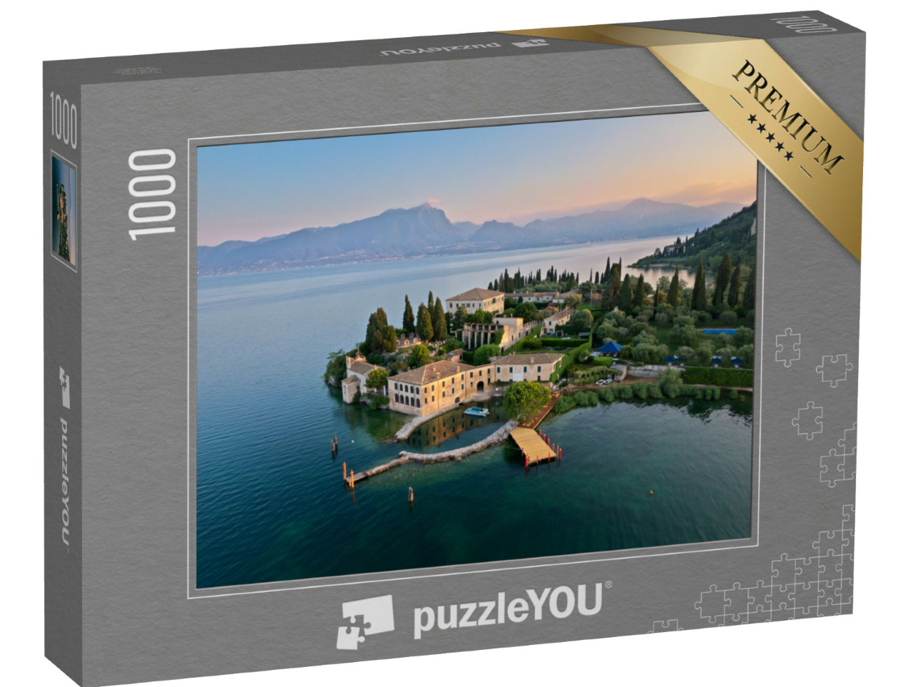 Puzzle 1000 pezzi „Vista di Punta San Vigilio sul Lago di Garda all'alba“