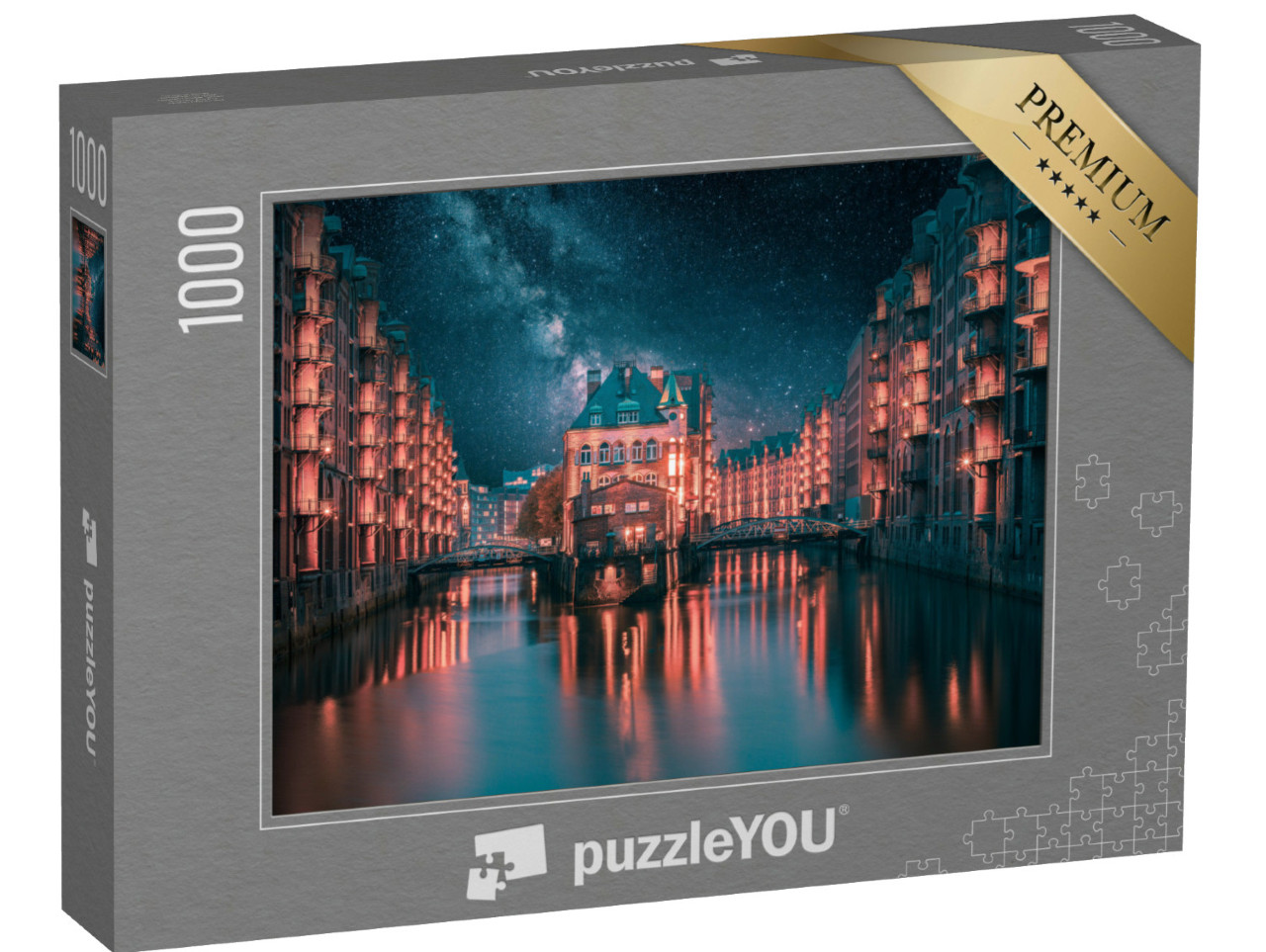 Puzzle 1000 pezzi „La Via Lattea sopra il quartiere illuminato dei magazzini di Amburgo“