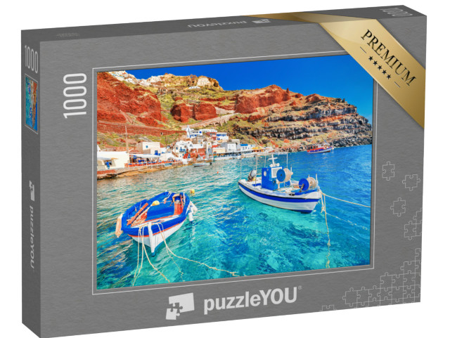 Puzzle 1000 pezzi „Porto di Oia a Santorini con due barche da pesca, Mar Egeo, Grecia“