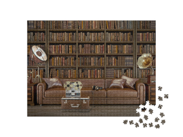 Puzzle 1000 pezzi „Elegante soggiorno vintage con biblioteca“