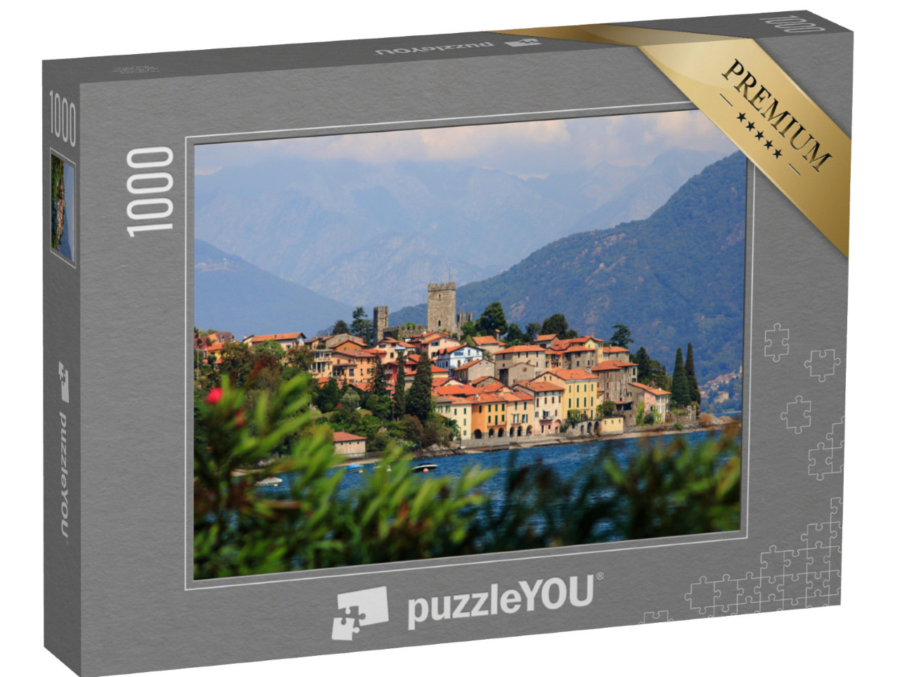 Puzzle 1000 pezzi „San Siro sul lago di Como con il castello e l'antica fortezza di Rezzonico“