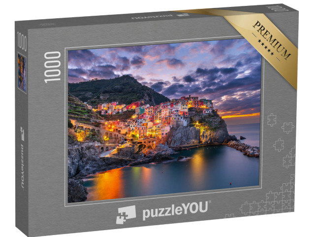 Puzzle 1000 pezzi „Manarola, La Spezia, vista costiera delle Cinque Terre all'alba.“