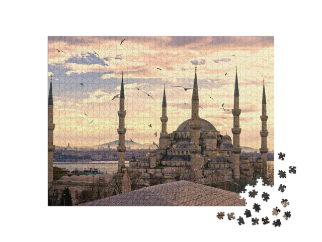 Puzzle 1000 pezzi „Tramonto sulla Moschea Blu (Sultanahmet Camii), Istanbul, Turchia“