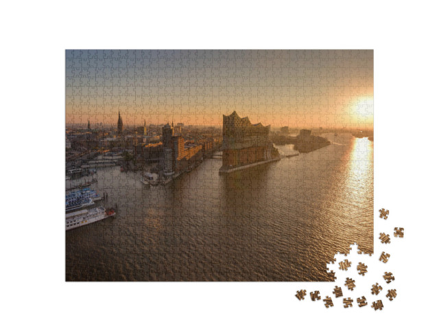 Puzzle 1000 pezzi „Panorama del porto di Amburgo con paesaggio urbano al tramonto“