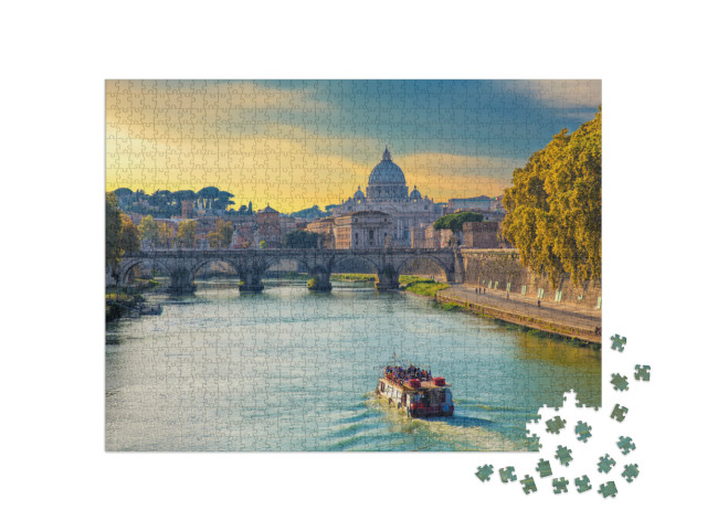Puzzle 1000 pezzi „Imbarcazione turistica in navigazione sul Tevere di sera, con la basilica di San Pietro sullo sfondo Roma“
