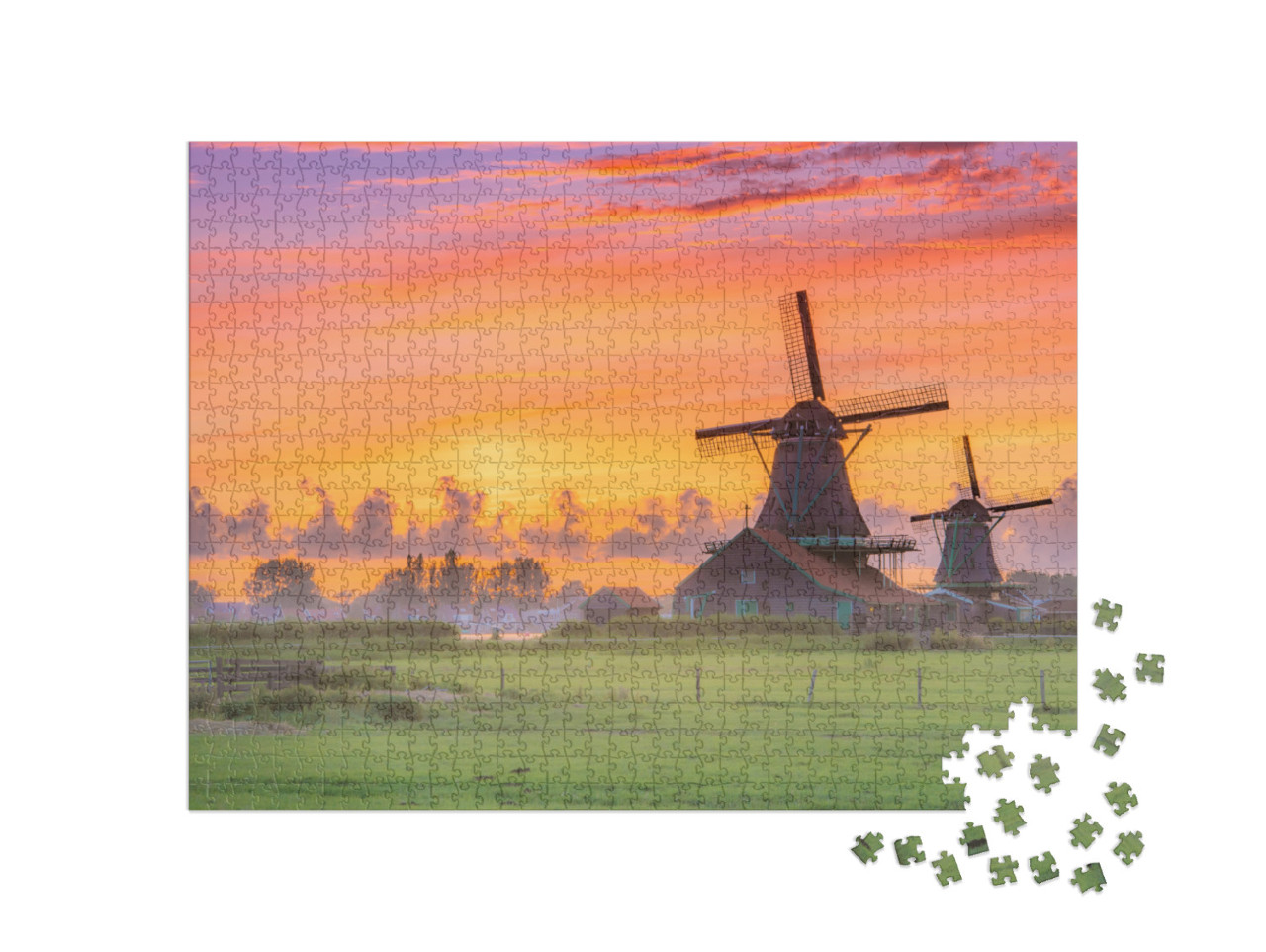 Puzzle 1000 pezzi „Mulini a vento al tramonto, Paesi Bassi“