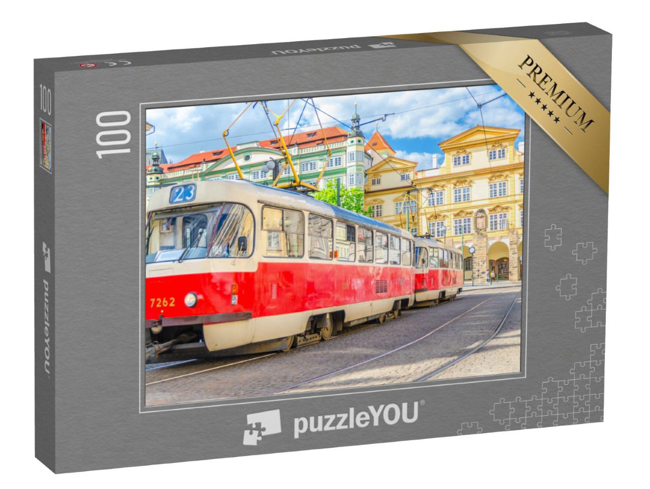 Puzzle 100 pezzi „Tram retrò su rotaie nelle strade di Praga“