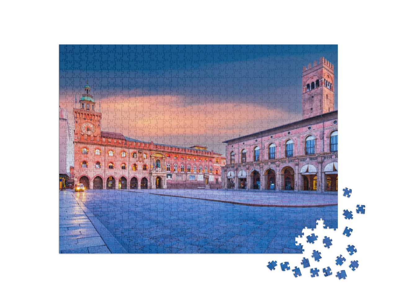 Puzzle 1000 pezzi „Piazza del Nettuno und Piazza Maggiore in Bologna, Wahrzeichen der Provinz Emilia-Romagna“