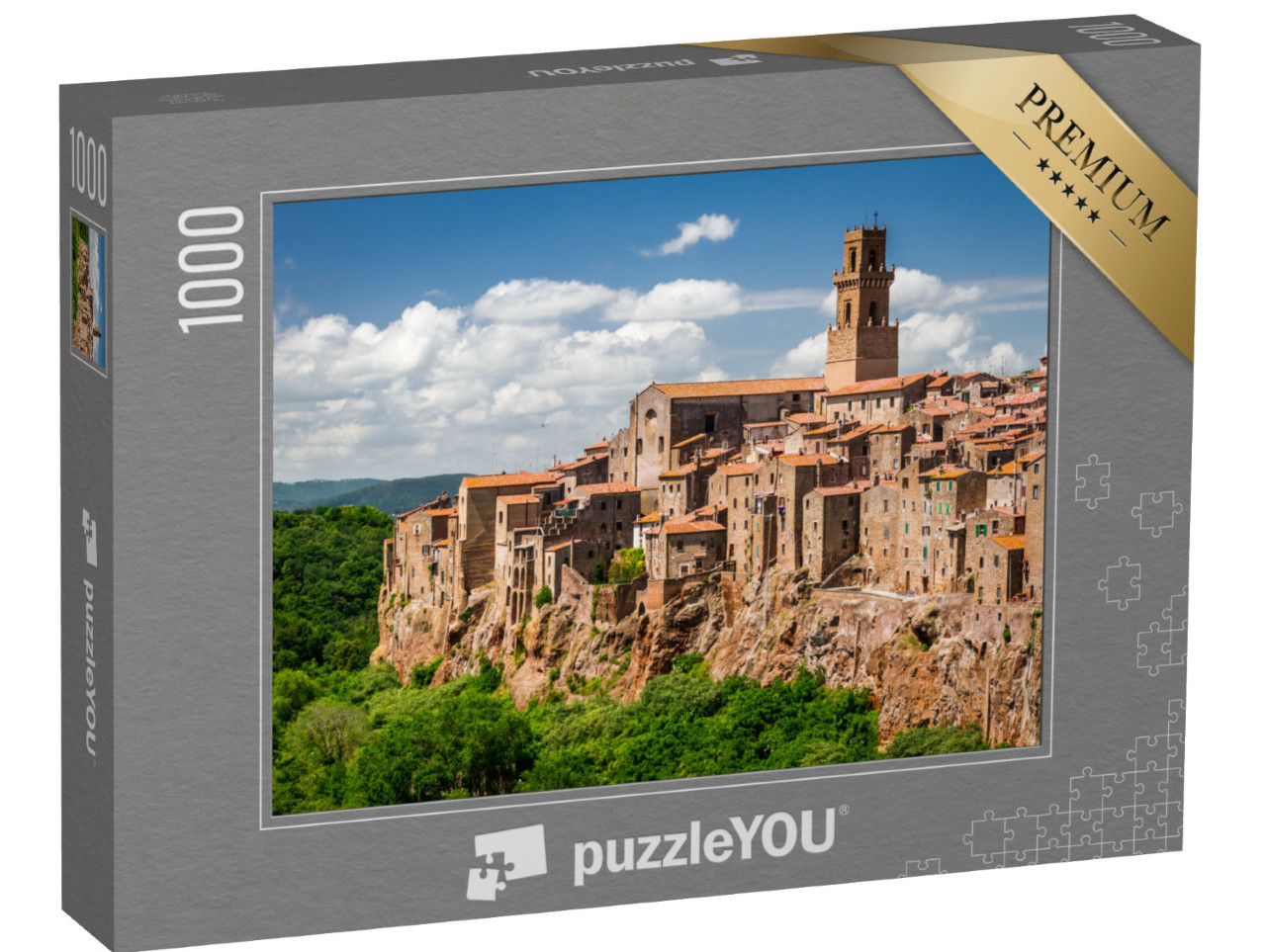 Puzzle 1000 pezzi „Pitigliano città sulla scogliera in estate, Italia“