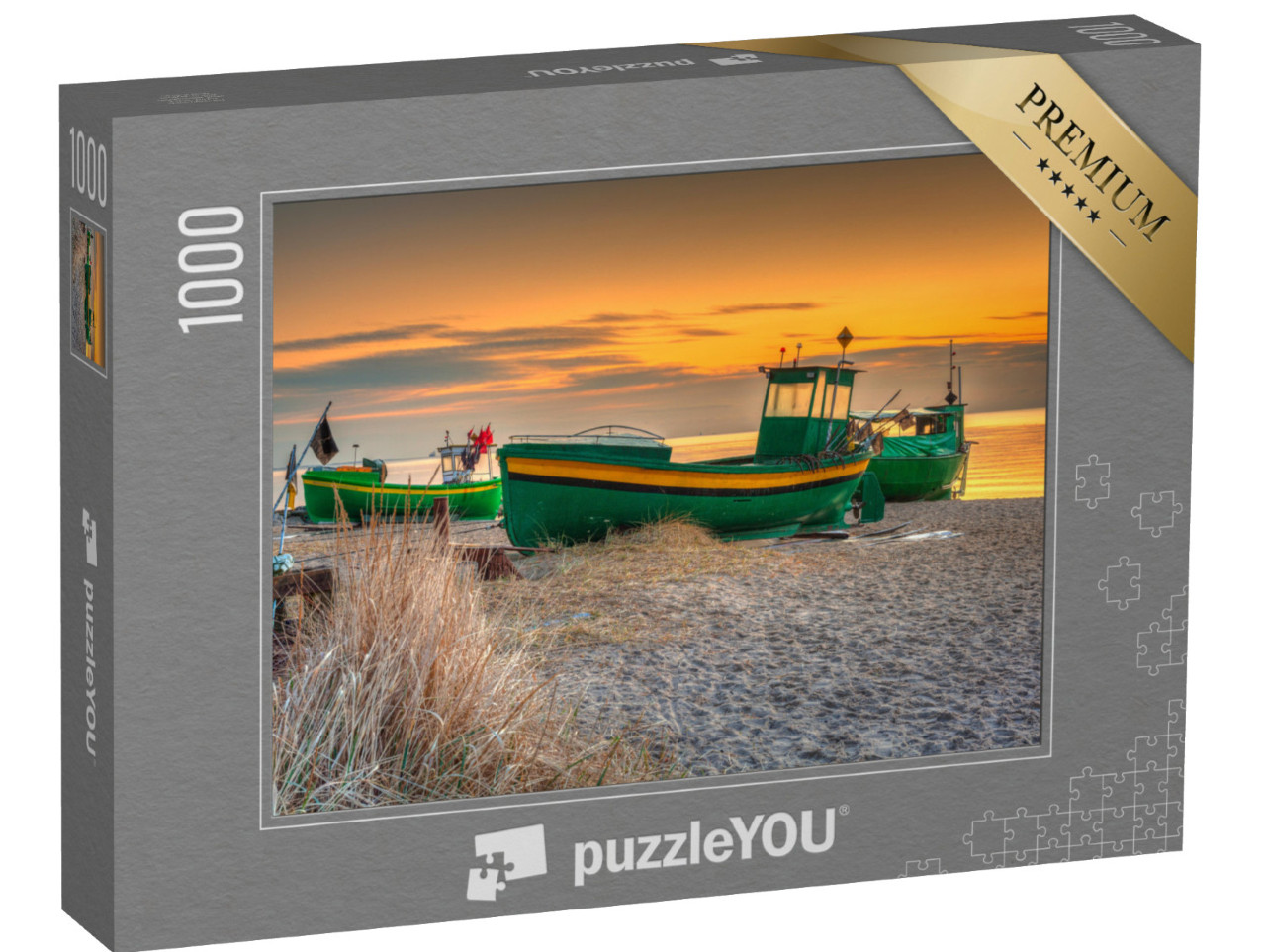 Puzzle 1000 pezzi „Barche da pesca sulla spiaggia del Mar Baltico all'alba, Gdynia Orlowo, Polonia“