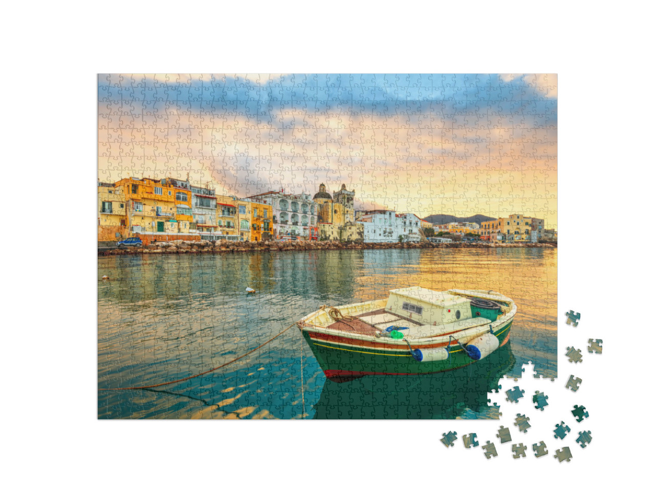 Puzzle 1000 pezzi „Isola d'Ischia, Napoli, sulla costa mediterranea al tramonto.“