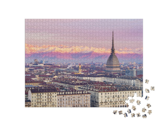 Puzzle 1000 pezzi „Sopra i tetti di Torino, con le Alpi italiane sullo sfondo“