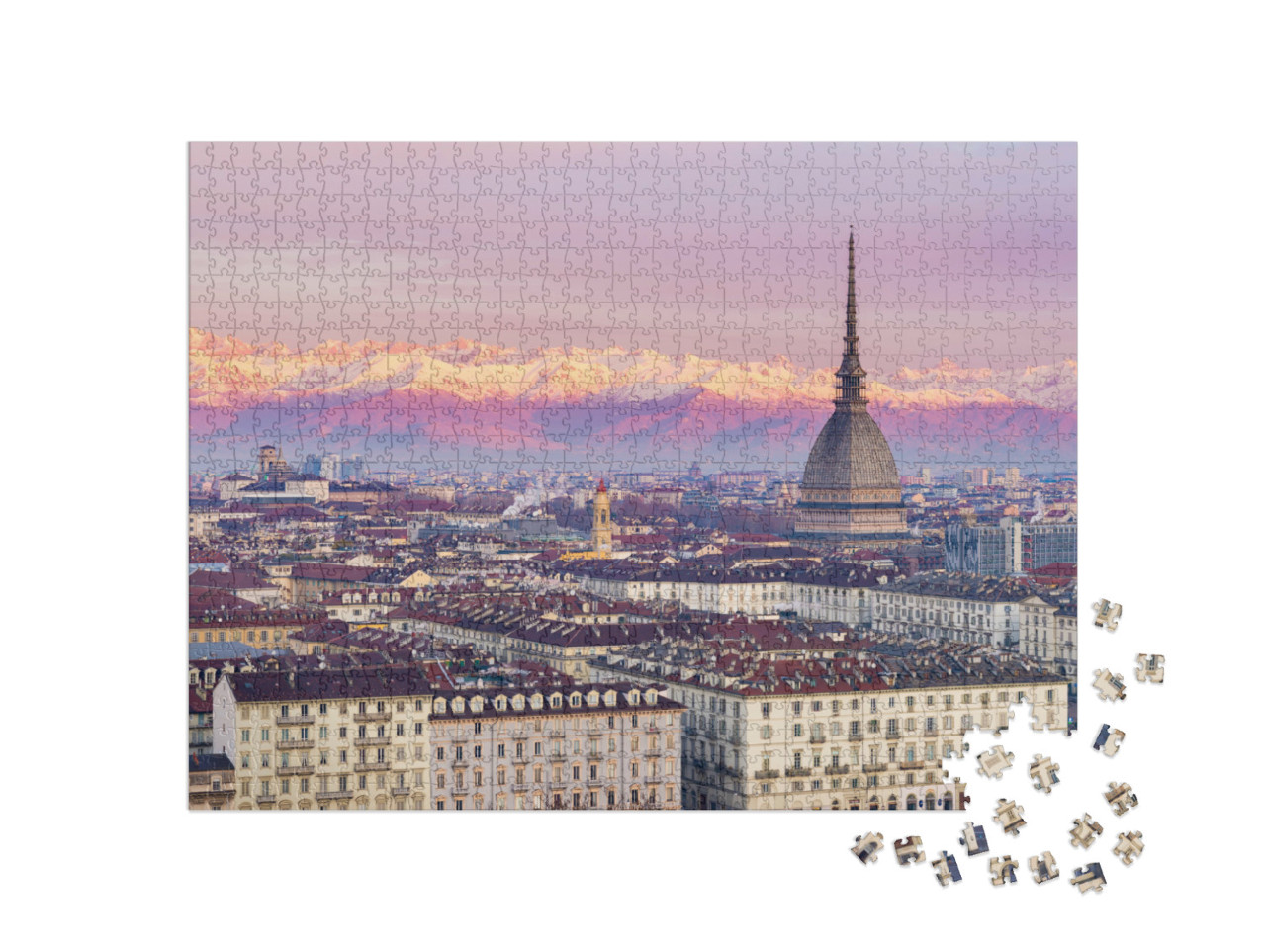 Puzzle 1000 pezzi „Sopra i tetti di Torino, con le Alpi italiane sullo sfondo“