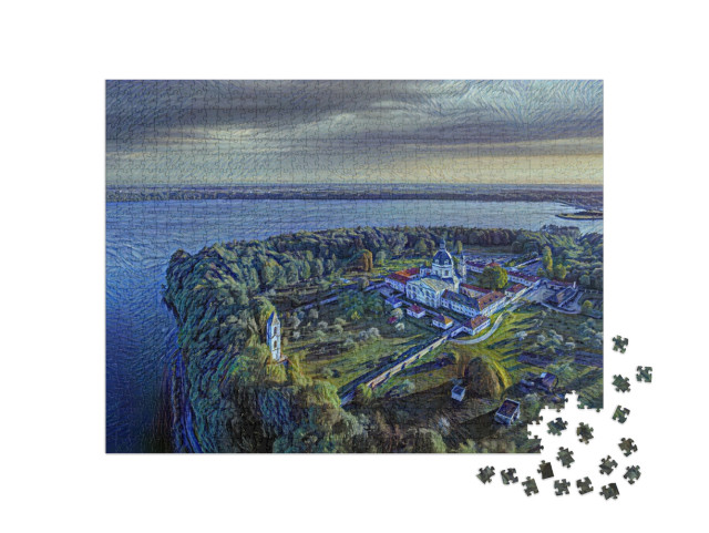 Puzzle 1000 pezzi „nello stile artistico di van Gogh, Notte stellata - Monastero di Pazaislis a Kaunas, Lituania“
