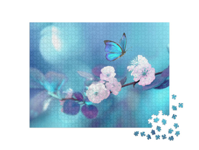 Puzzle 1000 pezzi „Farfalla blu in volo su un ramo di albicocco in fiore“
