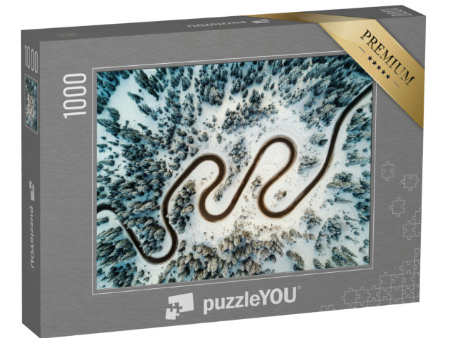 Puzzle 1000 pezzi „Vista dall'alto: strada di montagna nelle Dolomiti invernali“