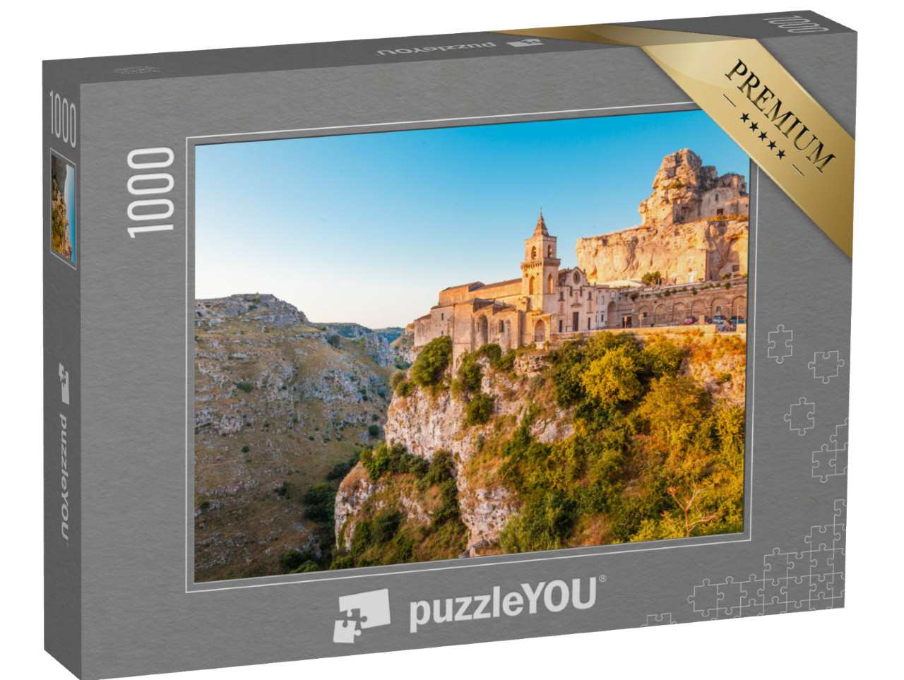 Puzzle 1000 pezzi „Vista panoramica dell'antica città di Matera nella splendida luce dorata del mattino all'alba, Basilicata“