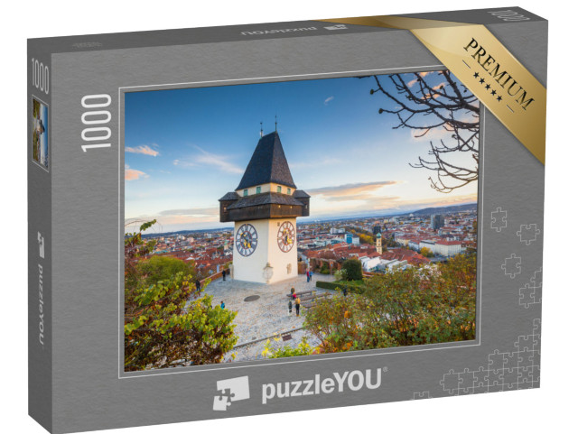 Puzzle 1000 pezzi „Panorama classico: Graz con la torre dell'orologio al tramonto, Stiria“