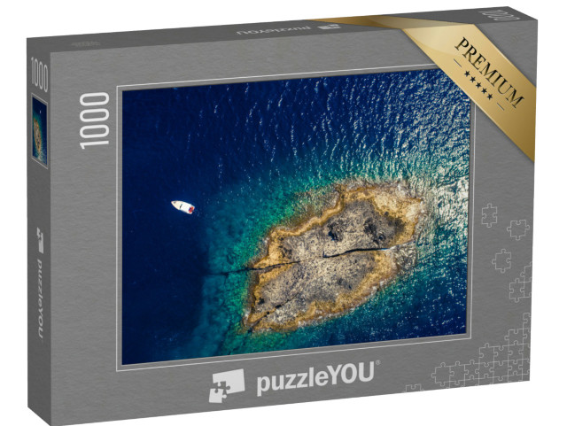 Puzzle 1000 pezzi „Isola solitaria con barca bianca. Costa rocciosa dell'isola di Zannone vicino a Ponza“