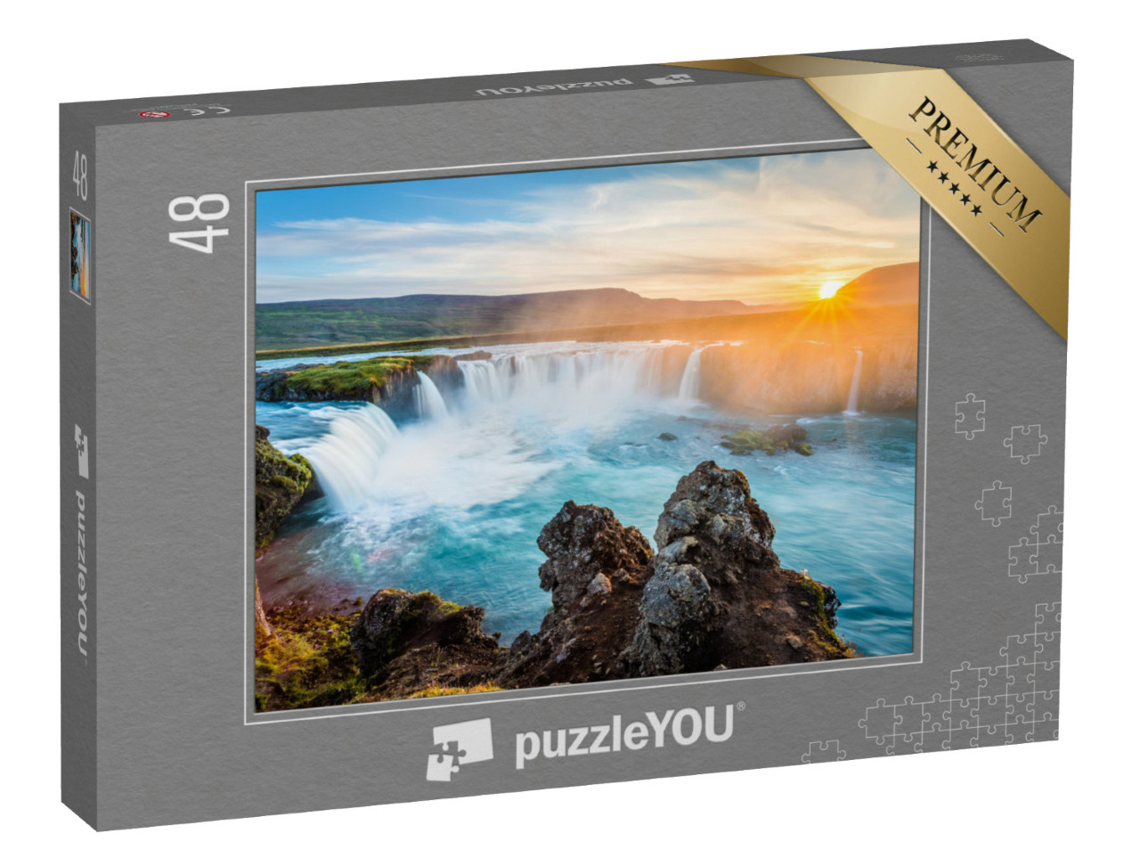 Puzzle 48 pezzi „Cascata di Godafoss al tramonto, Islanda“