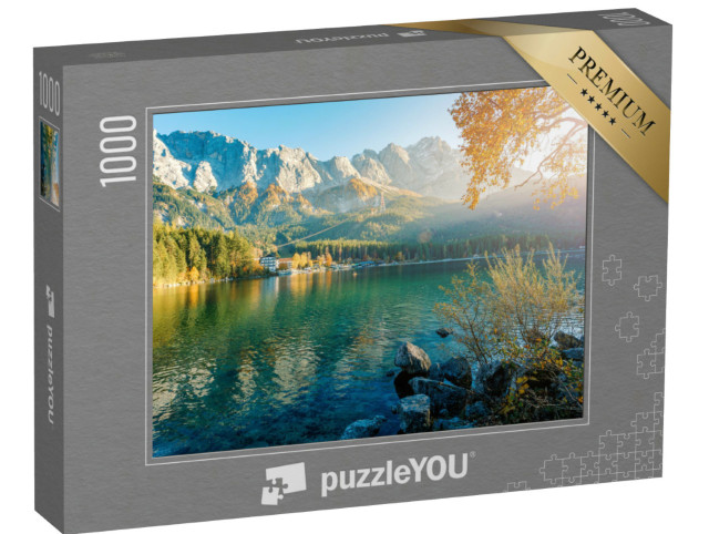 Puzzle 1000 pezzi „Paesaggio alpino con le Alpi tedesche e lo Zugspitze sul lago Eibsee, Baviera“