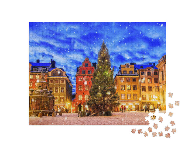 Puzzle 1000 pezzi „Piazza Stortorget, addobbata a Natale, di notte, Stoccolma, Svezia“