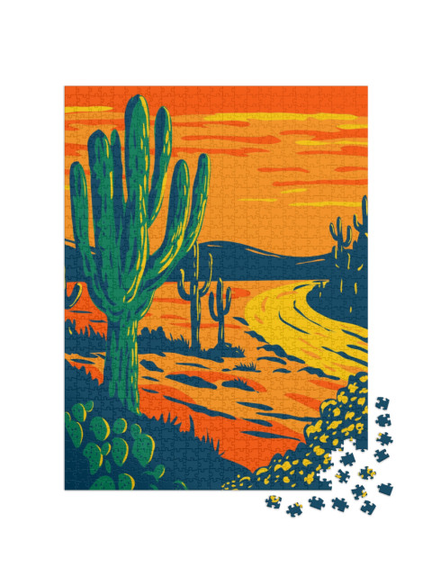 Puzzle 1000 pezzi „Illustrazione: Cactus Saguaro al tramonto, Parco Nazionale di Tucson Arizona“