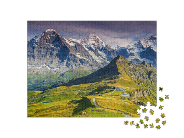 Puzzle 1000 pezzi „Panorama alpino con Jungfrau, Mönch, parete nord dell'Eiger e Männlichen, Svizzera“
