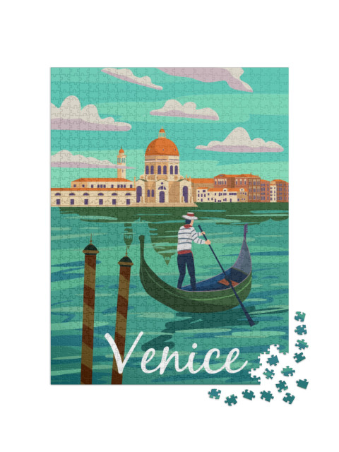 Puzzle 1000 pezzi „Venezia Italia Poster stile retrò. Canal Grande, gondoliere, architettura, cartolina vintage“
