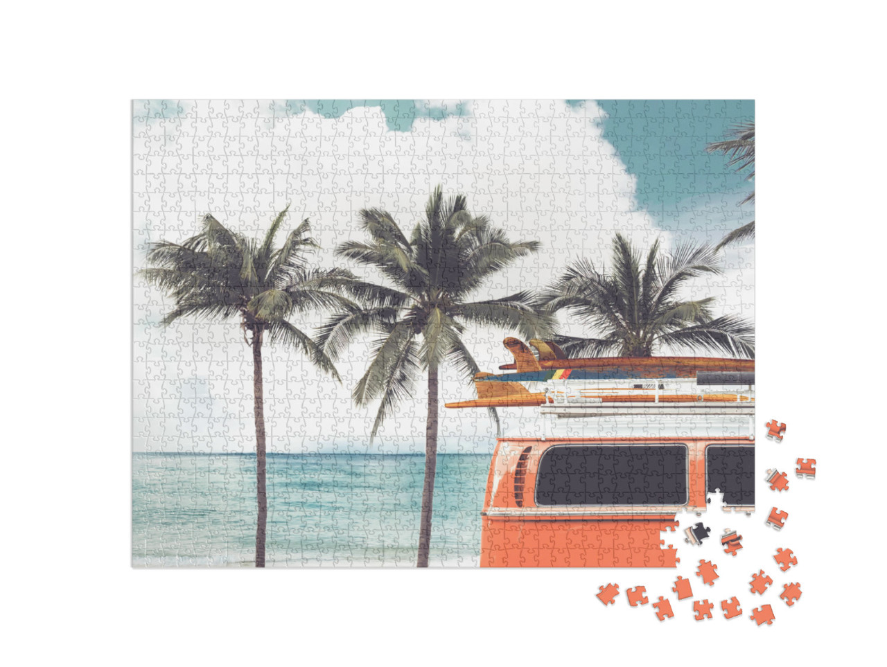 Puzzle 1000 pezzi „Viaggio in surf: bus d'epoca sulla spiaggia delle palme“