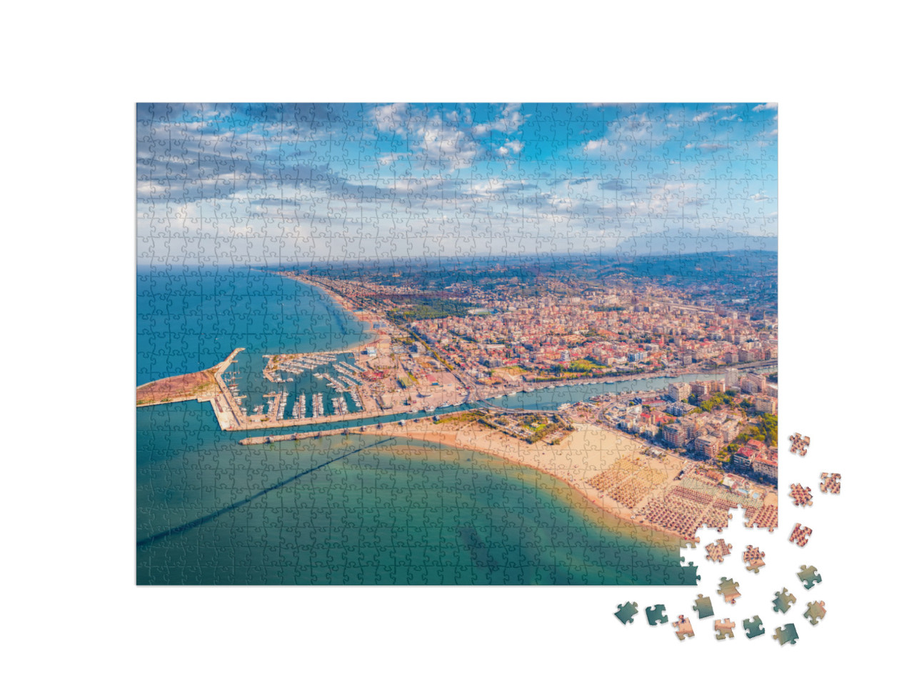 Puzzle 1000 pezzi „Vista estiva colorata di un drone in volo sul porto di Pescara“