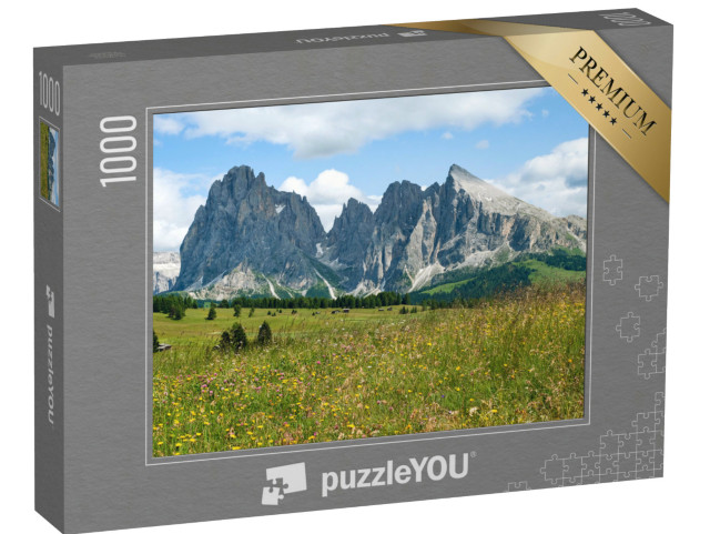 Puzzle 1000 pezzi „Campo alpino con fiori, Alpe di Siusi e Langkofel, Italia. Dolomiti, Alto Adige“